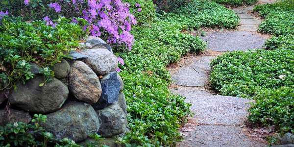 Wegebau, Weg mit Steinplatten durch den Garten